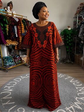 Elegant Orange & Black Embroidered  African Print Kaftan Maxi Dress -